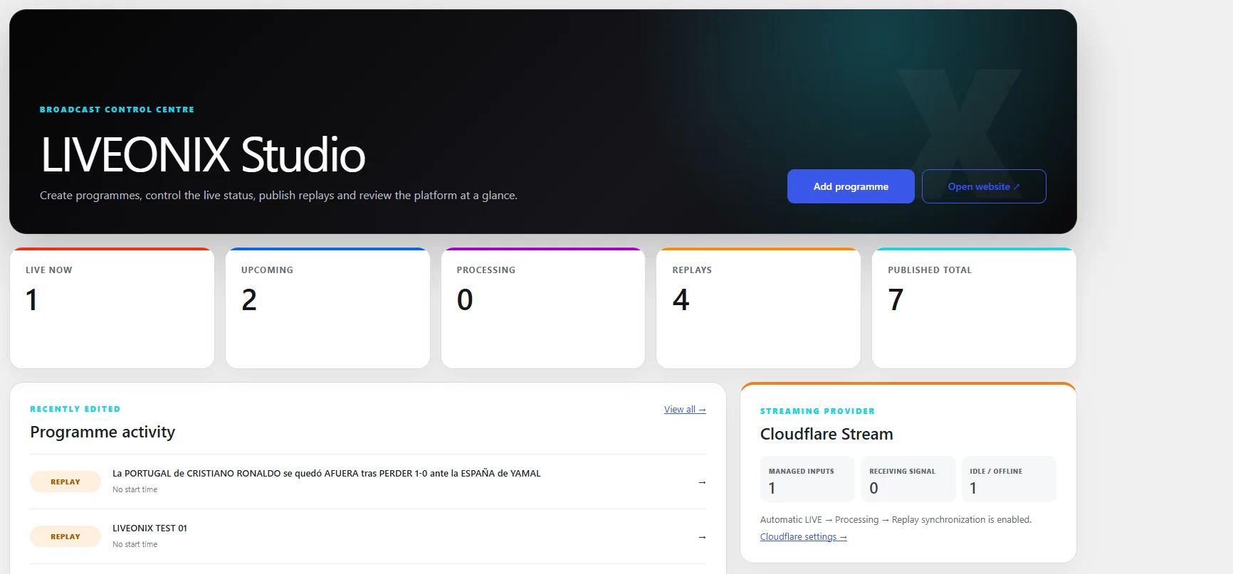 LIVEONIX Studio dashboard